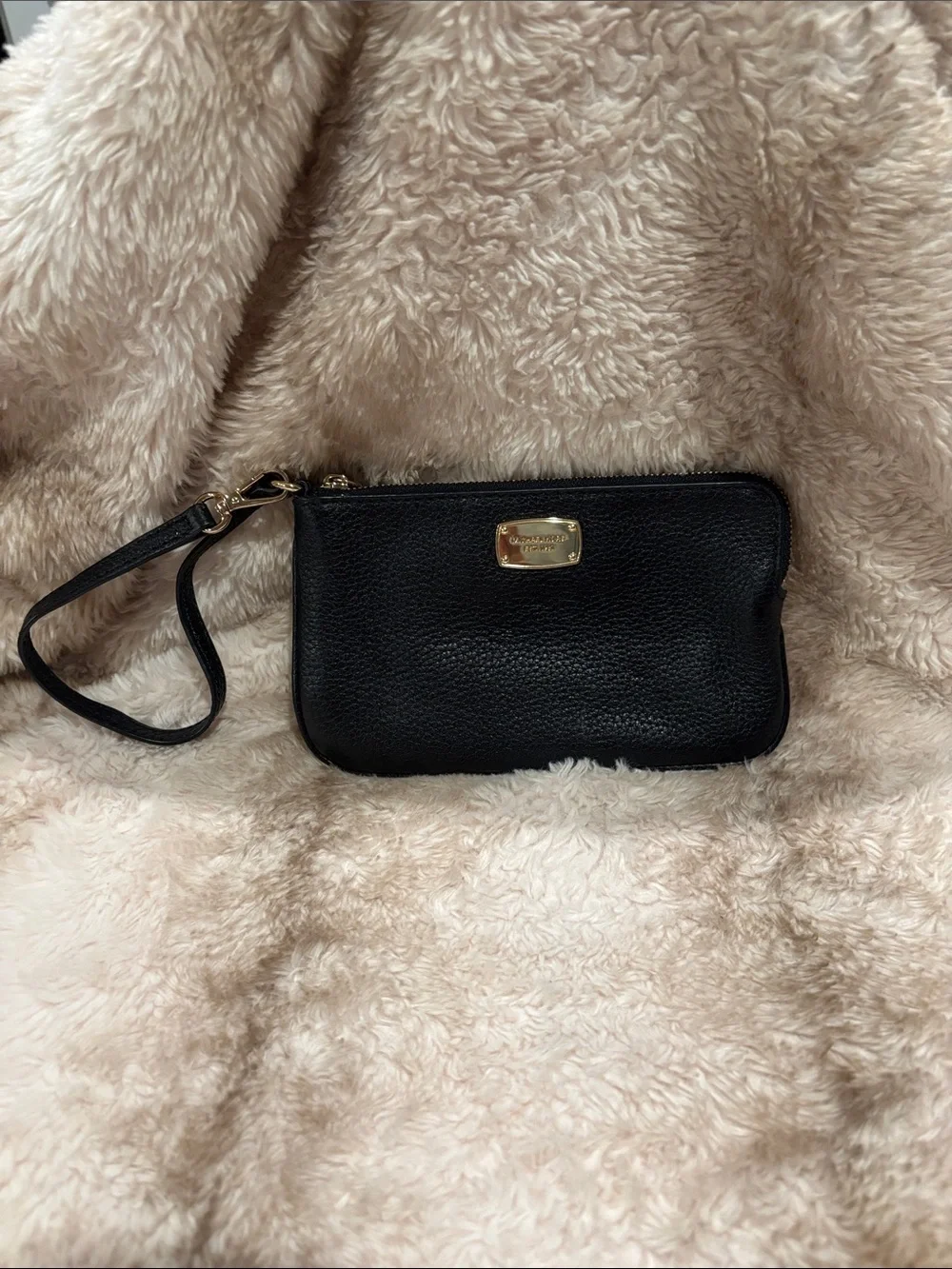 Michael Kors Black Pebbled Leather Wristlet with Gold Plaque